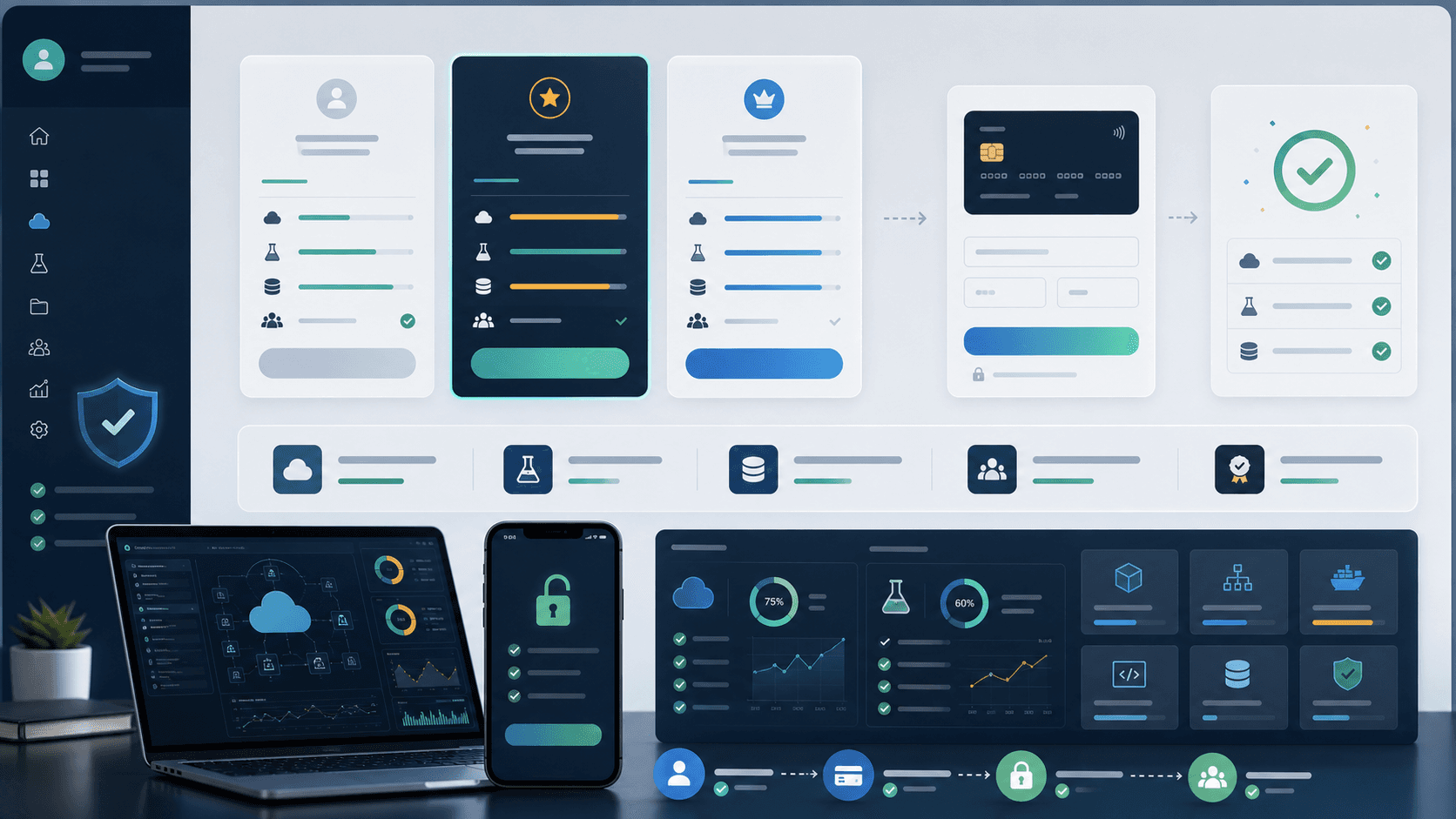 Membership access workflow showing plan selection, payment handoff, entitlement unlock, and lab allowances